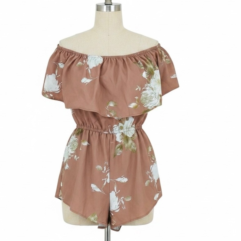 B.Original‎ by Shoe Fly Floral Off The Shoulder Romper Brown Medium